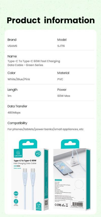 USAMS Type-C To Type-C 60W Eco-friendly Data Cable - White - Image 7