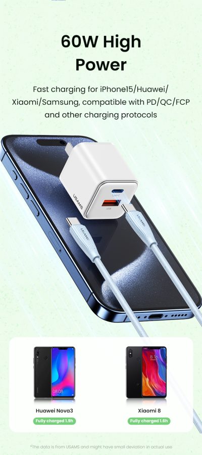 USAMS Type-C To Type-C 60W Eco-friendly Data Cable - White - Image 10