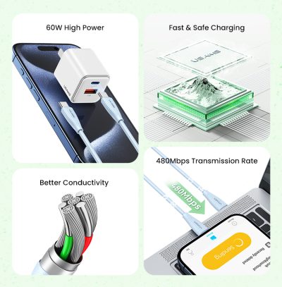 USAMS Type-C To Type-C 60W Eco-friendly Data Cable - White - Image 8