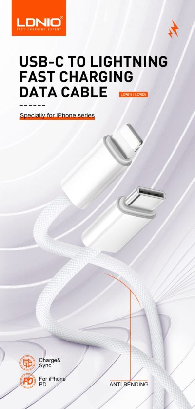 LDNIO LC902I 65W USB Type C to Lightning Fast Charging IPhone Data Cable 2 Metres - Image 2