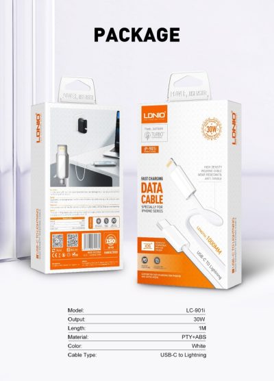 LDNIO LC902I 65W USB Type C to Lightning Fast Charging IPhone Data Cable 2 Metres - Image 4